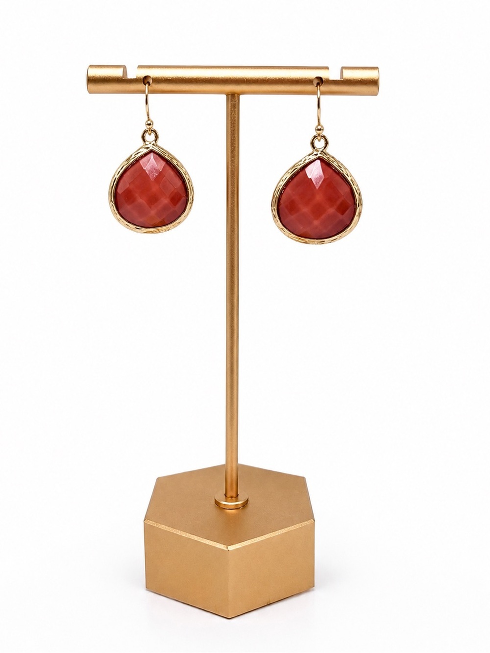 Gold Tone Coral Faceted Teardrop Dangle Earrings Boho Lightweight Statement